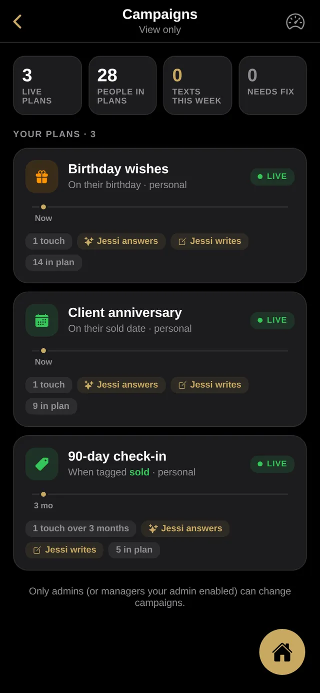 Campaigns list with Birthday wishes, Client anniversary and 90-day check-in
