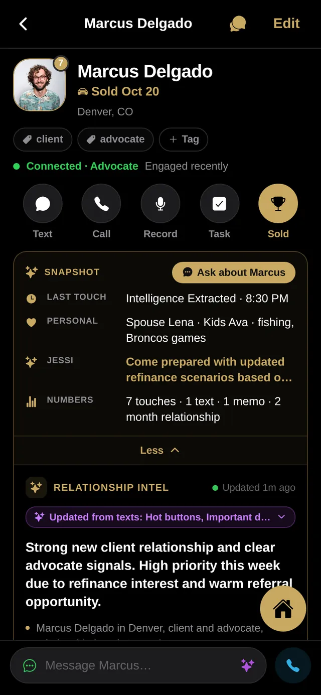 Contact snapshot for Marcus Delgado with personal details and Jessi's suggestion