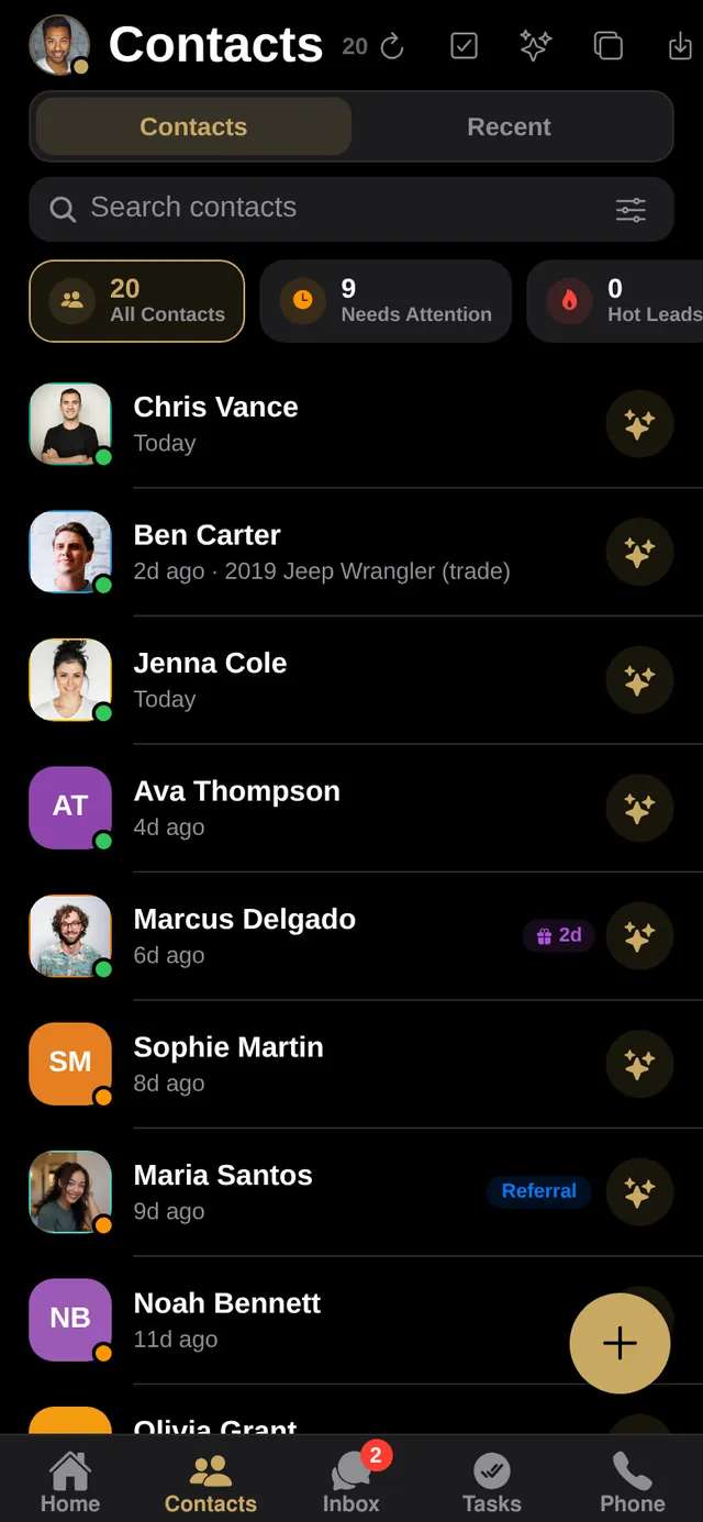 Contacts list with last touch and referral tags