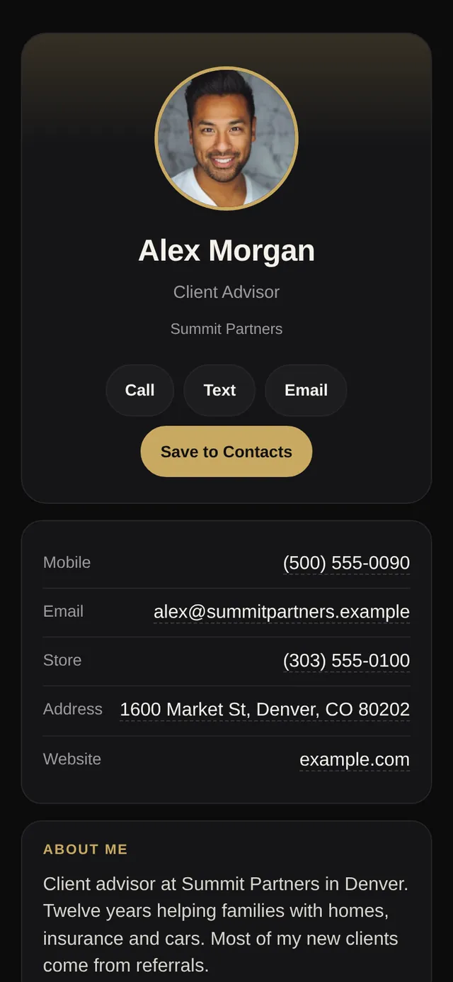 Public digital card with Call, Text, Email and Save to Contacts