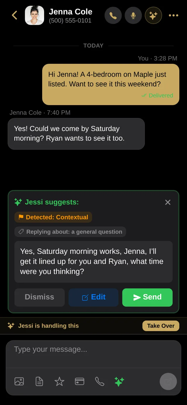 Text thread with a Jessi suggested reply