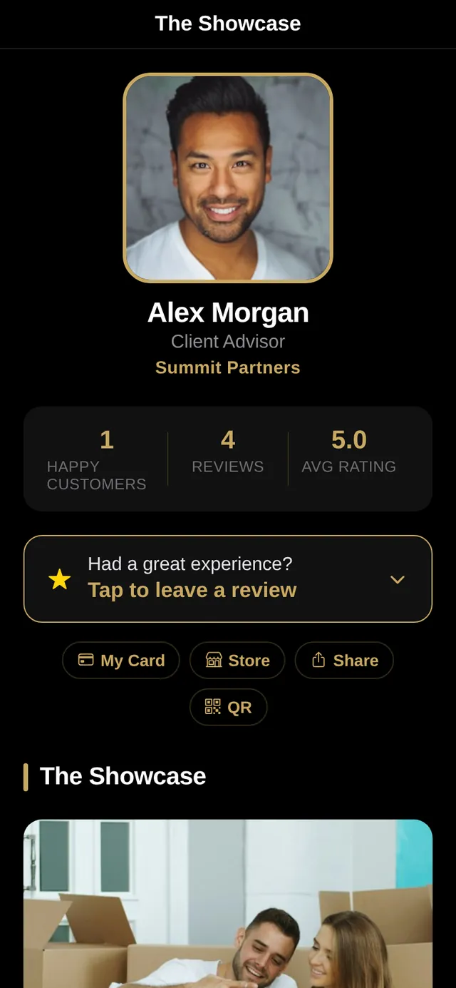 Showcase page with review count, rating and customer photos