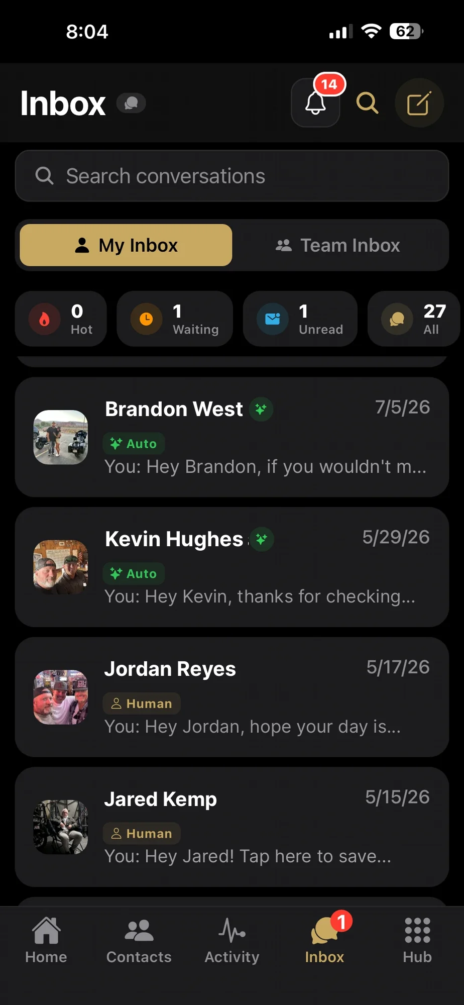 Inbox screen - Hot, Waiting, Unread and All filters with Auto (AI) and Human badges on each conversation