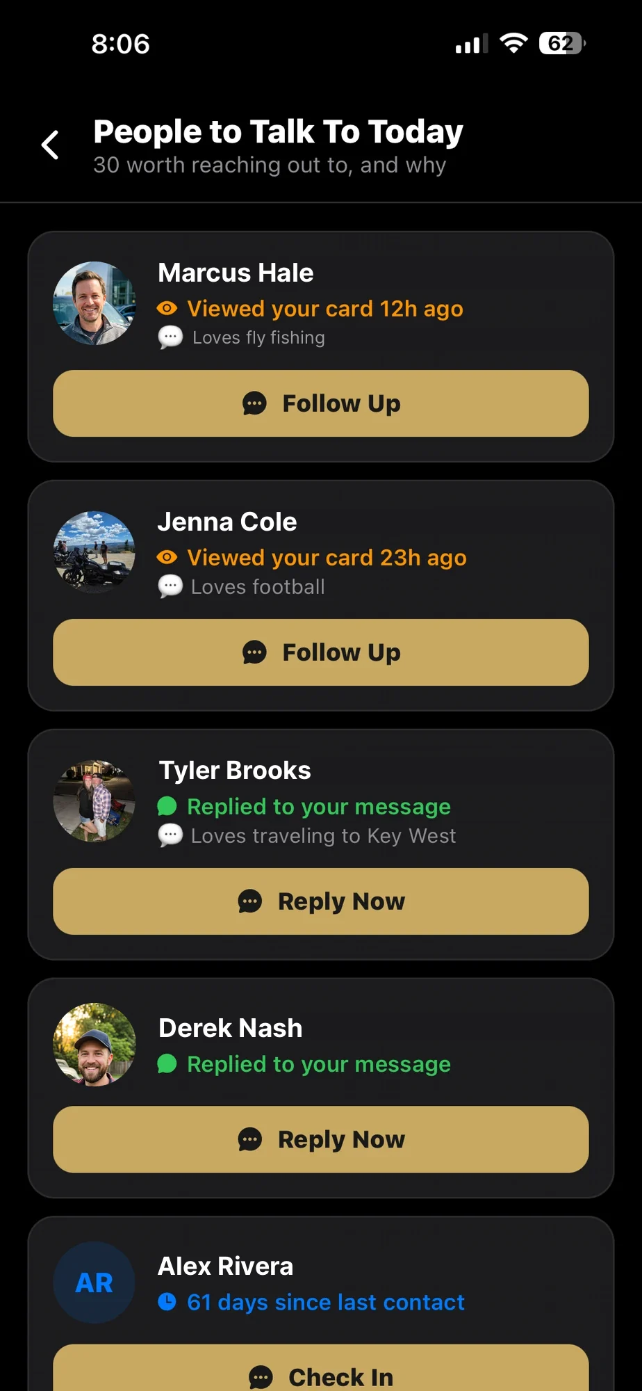 People to Talk To Today screen - ranked list with the reason to reach out and a personal hook under each name